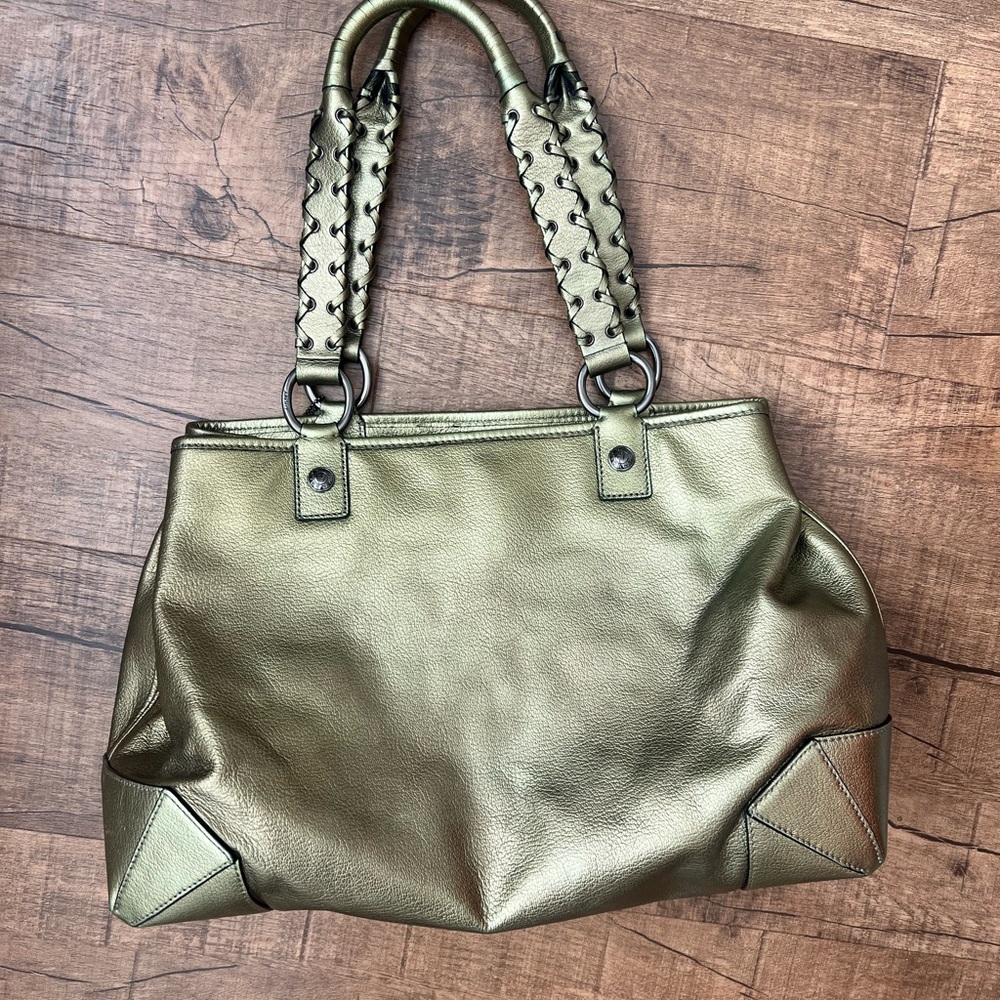 DKNY Metallic Green Shoulder Tote – Woven Strap Detail – Large Y2K Bag